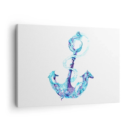 Impression sur toile - Image sur toile - Ancre abstraite dans des tons de bleu avec des détails nautiques - 70x50cm - Le confident des secrets de la mer - Décoration murale moderne pour le salon et la chambre ARTTOR