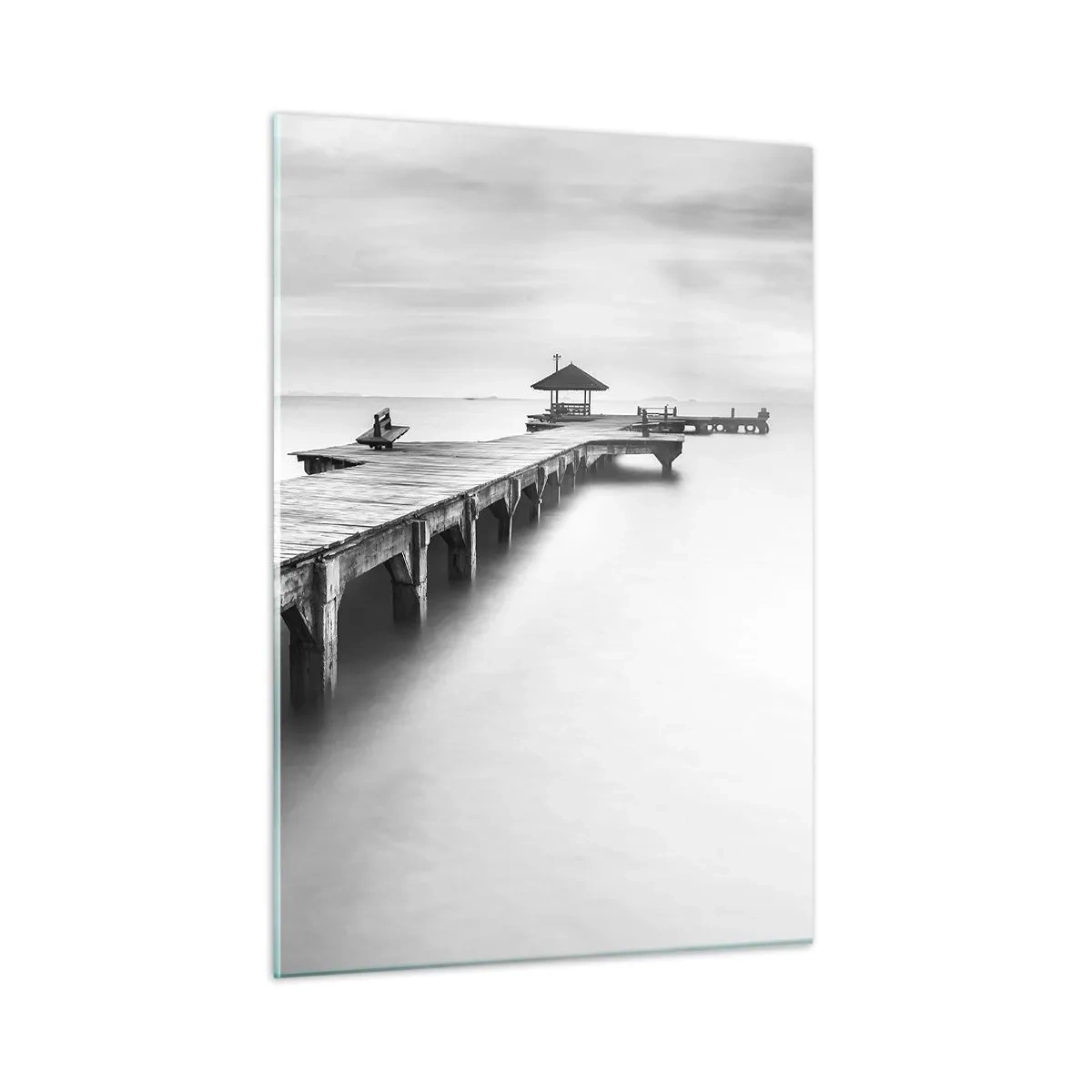 Impression sur verre - Image sur verre - Jetée en bois en noir et blanc surplombant le lac - 50x70cm - À l'horizon - Décoration murale moderne pour le salon et la chambre ARTTOR