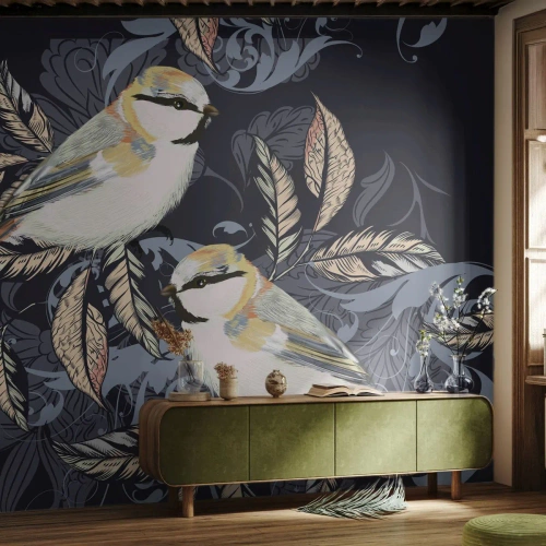 Papier peint sur mesure Premium Sand - Babillement jaune et bleu - Abstraction, Des oiseaux, Feuilles