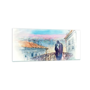 Impression sur verre - Image sur verre - Couple romantique sur un balcon avec vue sur la ville - 120x50cm - Amoureux de Paris - Décoration murale moderne pour le salon et la chambre ARTTOR