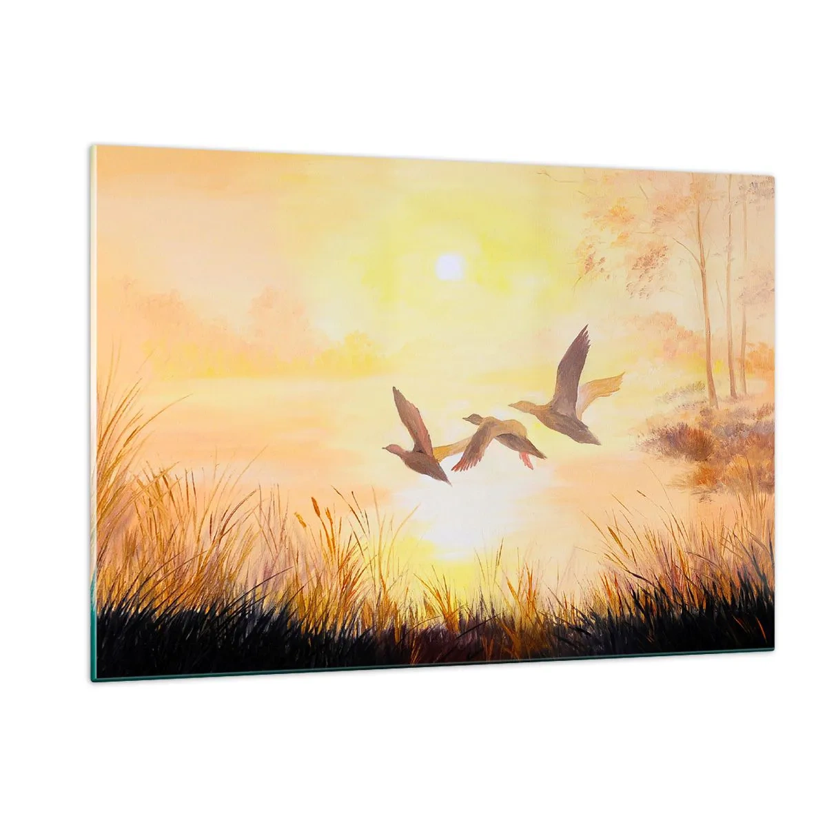 Impression sur verre - Image sur verre - Trois canards volant au-dessus d'un lac au lever du soleil - 120x80cm - Le début d'un long voyage - Décoration murale moderne pour le salon et la chambre ARTTOR