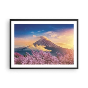 Affiche dans un cadre noir - Poster - Mont Fuji avec des cerisiers en fleurs en arrière-plan au coucher du soleil - 70x50cm - Sainteté japonaise - Décoration murale moderne pour le salon et la chambre ARTTOR