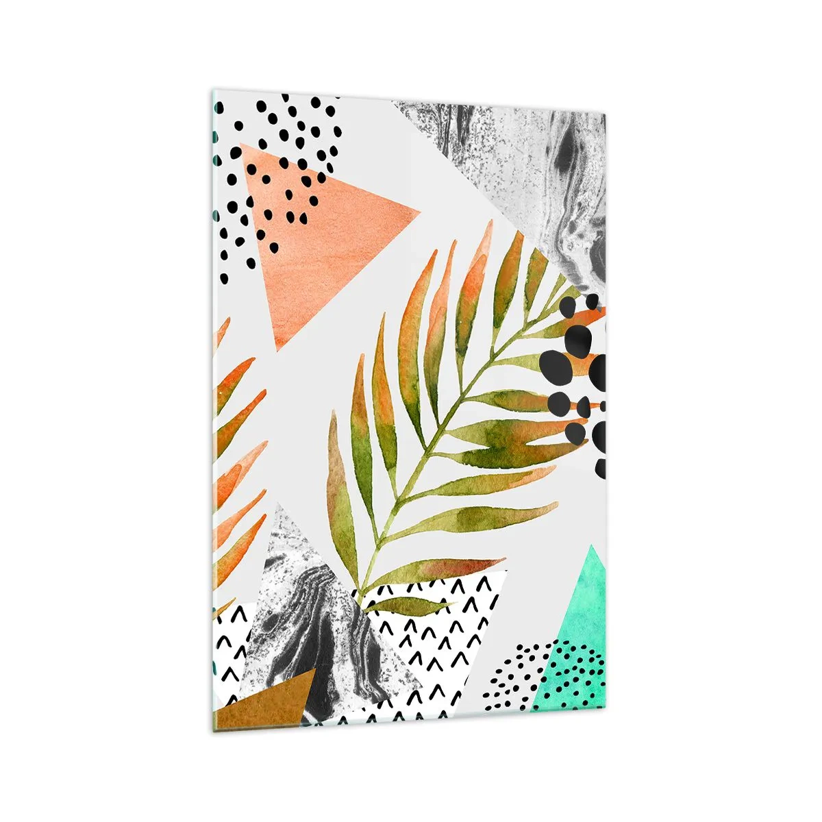 Impression sur verre - Image sur verre - Motif tropical avec des feuilles et des formes géométriques - 70x100cm - Décoration avec feuille de palmier - Décoration murale moderne pour le salon et la chambre ARTTOR