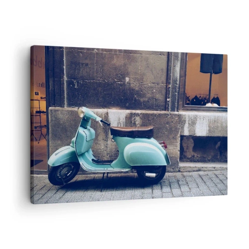 Impression sur toile - Image sur toile - Un scooter rétro garé contre un mur de pierre - 70x50cm - Ambiance inoubliable - Décoration murale moderne pour le salon et la chambre ARTTOR