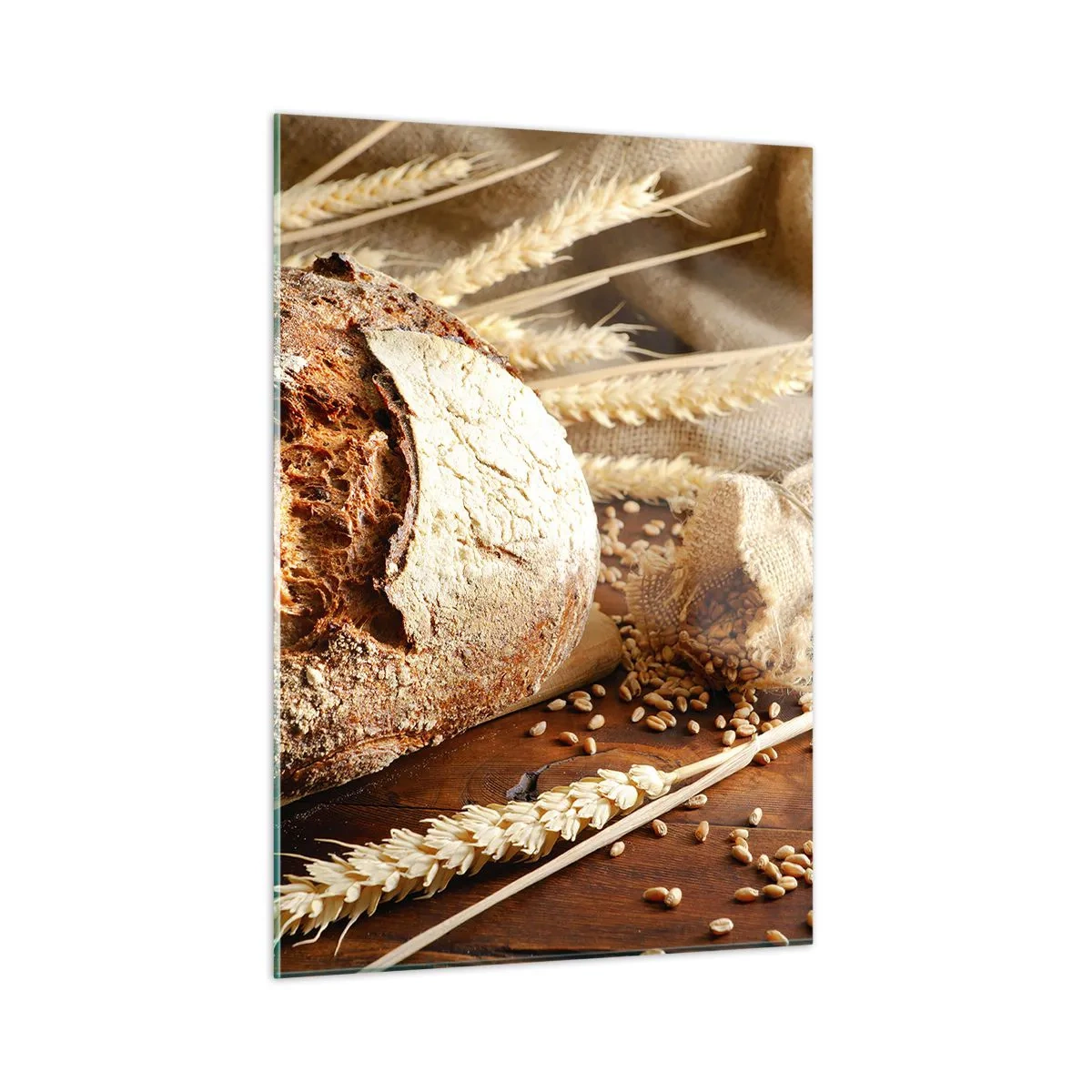 Impression sur verre - Image sur verre - Pain sur une planche avec des épis de blé et des sacs de céréales - 50x70cm - Appétissant, parfumé, croquant - Décoration murale moderne pour le salon et la chambre ARTTOR