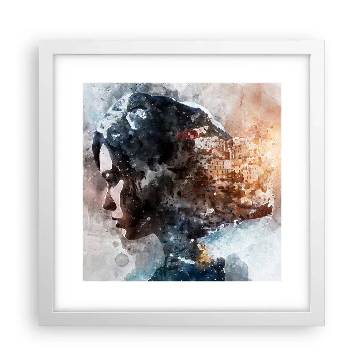 Affiche dans un cadre blanc - Poster - L'histoire d'une fille avec une ville en arrière-plan - 30x30 cm