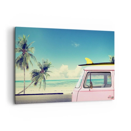 Impression sur toile - Image sur toile - Une camionnette rose avec une planche de surf sur une plage tropicale. - 100x70cm - Il est temps de commencer les vacances - Décoration murale moderne pour le salon et la chambre ARTTOR