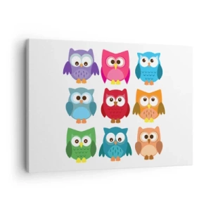 Impression sur toile - Image sur toile - Illustrations colorées de hiboux dans un style enfantin - 70x50cm - C'est amusant d'être différent - Décoration murale moderne pour le salon et la chambre ARTTOR