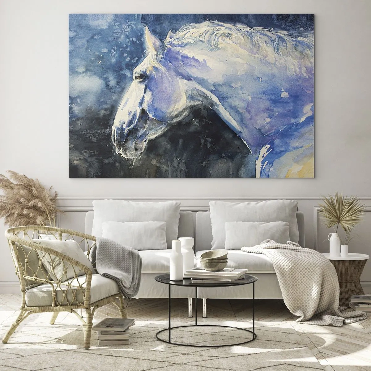 Impression sur verre - Image sur verre - Portrait à l'aquarelle d'un cheval dans les tons bleus - 70x50cm - Portrait dans une lueur azur - Décoration murale moderne pour le salon et la chambre ARTTOR