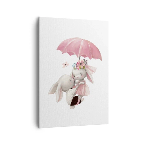 Impression sur toile - Image sur toile - Des lapins mignons sous un parapluie rose - 50x70cm - C'est ça l'amour - Décoration murale moderne pour le salon et la chambre ARTTOR