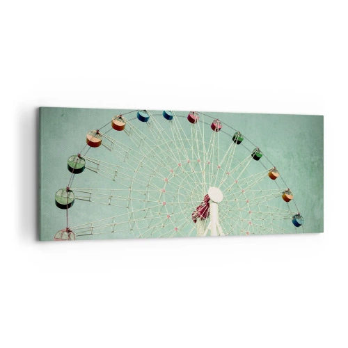 Impression sur toile - Image sur toile - Une grande roue colorée contre un ciel bleu dans un style rétro - 120x50cm - Nous vous invitons à vous amuser - Décoration murale moderne pour le salon et la chambre ARTTOR