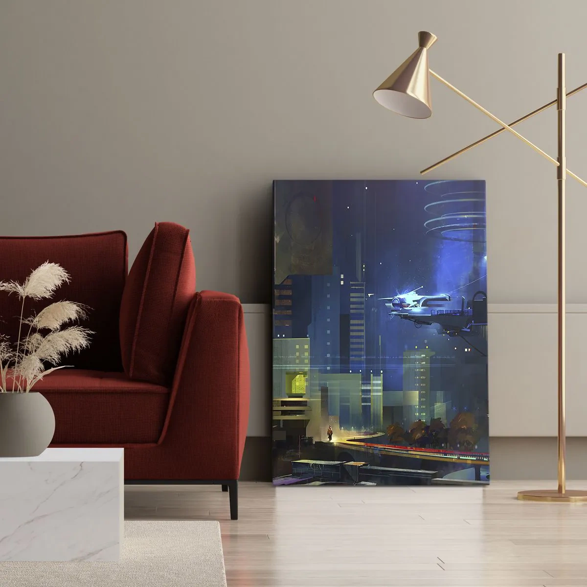 Impression sur toile - Image sur toile - Ville futuriste la nuit avec des néons et un véhicule volant - 80x120cm - Dans le futur proche - Décoration murale moderne pour le salon et la chambre ARTTOR