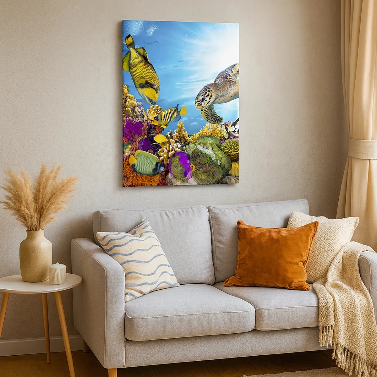 Impression sur toile - Image sur toile - Monde sous-marin avec des poissons colorés et une tortue dans le corail - 50x70cm - Promenade de corail - Décoration murale moderne pour le salon et la chambre ARTTOR