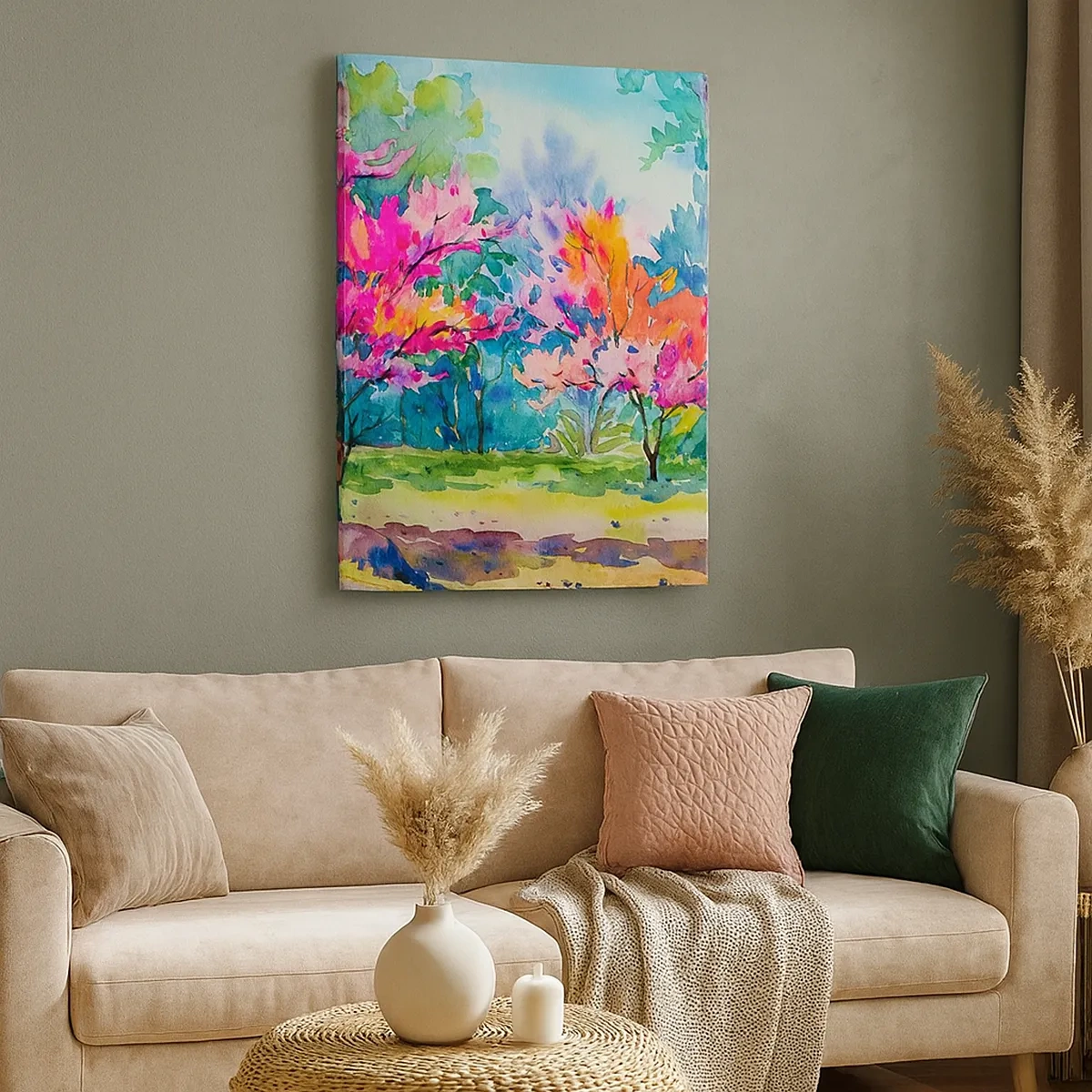 Impression sur toile - Image sur toile - Arbres colorés dans un parc dans un style aquarelle - 50x70cm - Jardin arc-en-ciel à la lumière du printemps - Décoration murale moderne pour le salon et la chambre ARTTOR