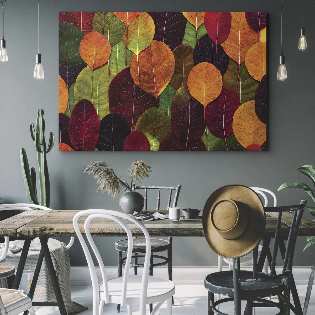 Impression sur toile - Image sur toile - Feuilles colorées disposées selon un motif d'automne - 100x70cm - Mozaique printannière - Décoration murale moderne pour le salon et la chambre ARTTOR