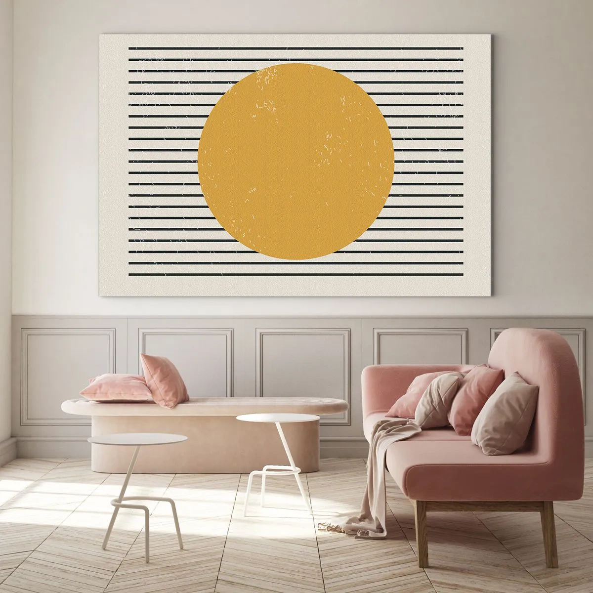 Impression sur verre - Image sur verre - Un cercle orange sur un fond de lignes noires horizontales sur fond beige. - 70x50cm - Le pouvoir de la simplicité - Décoration murale moderne pour le salon et la chambre ARTTOR