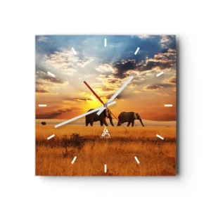 Horloge murale - Pendule murale - Éléphants dans la savane au coucher du soleil - 30x30cm - Déambulation familliale - Décoration murale moderne pour le salon et la chambre ARTTOR