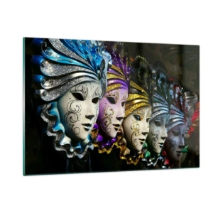 Impression sur verre - Image sur verre - Masques vénitiens colorés en rangée - 120x80cm - Mystère en or et argent - Décoration murale moderne pour le salon et la chambre ARTTOR