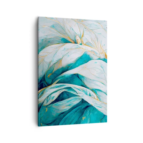 Impression sur toile - Image sur toile - Feuilles bleues abstraites avec des détails dorés - 50x70cm - Abstraction bleue avec un motif doré - Décoration murale moderne pour le salon et la chambre ARTTOR