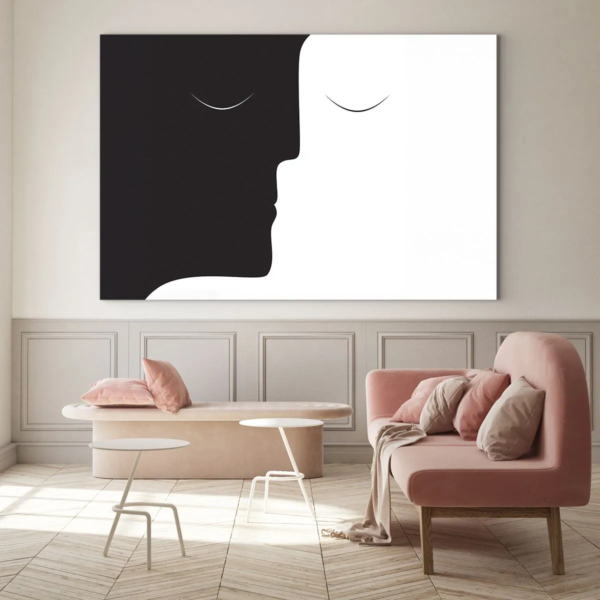 Impression sur verre - Image sur verre - Visages minimalistes en noir et blanc formant une unité - 70x50cm - Unité des contraires - Décoration murale moderne pour le salon et la chambre ARTTOR