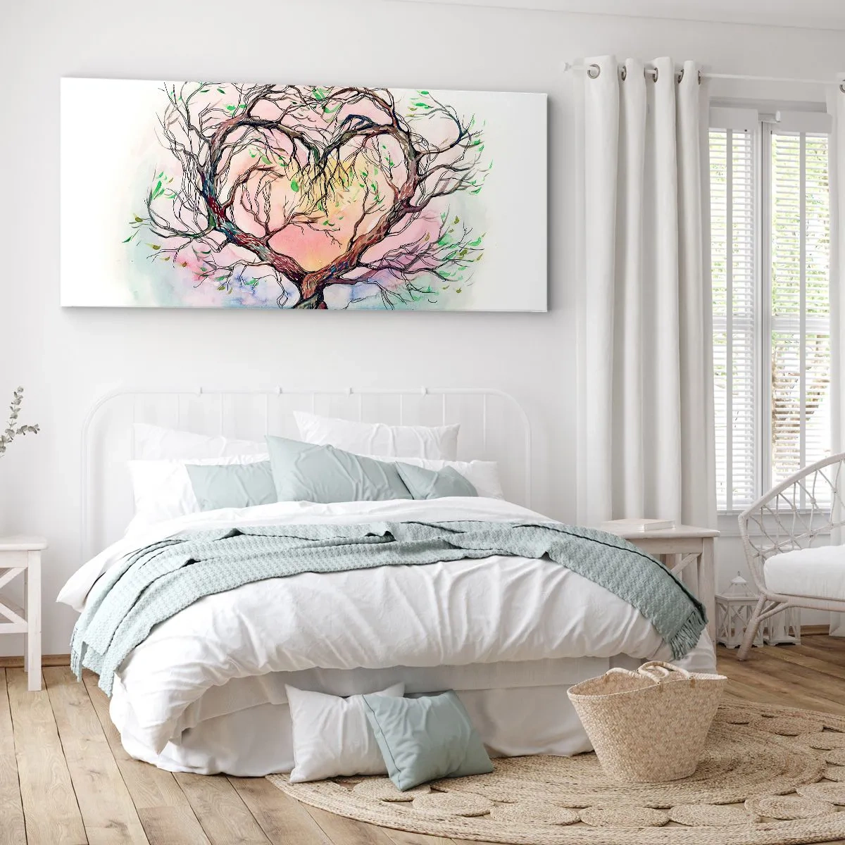 Impression sur toile - Image sur toile - Un arbre en forme de cœur sur un fond de couleurs pastel délicates - 140x50cm - Ensemble contre les tempêtes - Décoration murale moderne pour le salon et la chambre ARTTOR