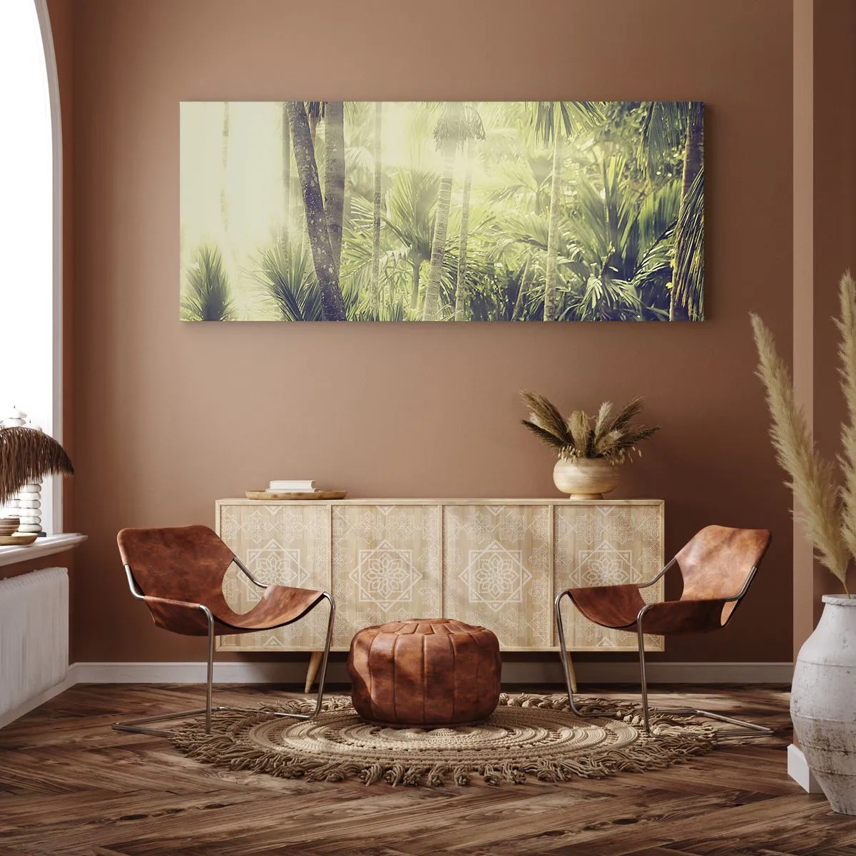 Impression sur toile - Image sur toile - Rayons de soleil dans une forêt tropicale de palmiers - 160x50cm - Nature enflammée - Décoration murale moderne pour le salon et la chambre ARTTOR