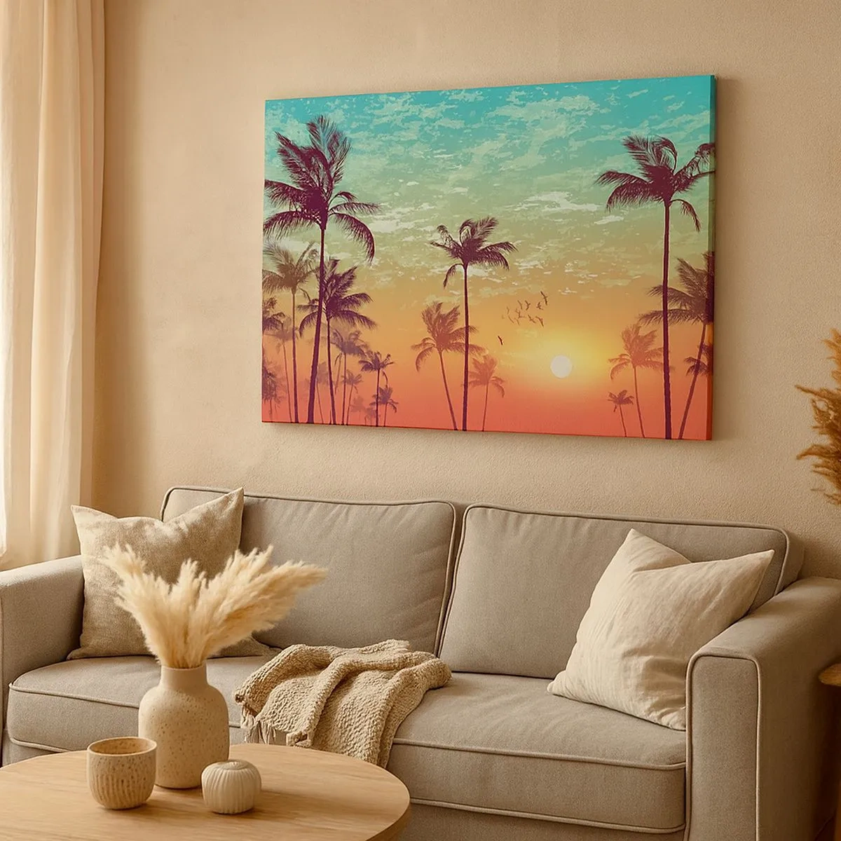 Impression sur toile - Image sur toile - Coucher de soleil avec des palmiers sur un ciel coloré - 70x50cm - Ambiance tropicale - Décoration murale moderne pour le salon et la chambre ARTTOR