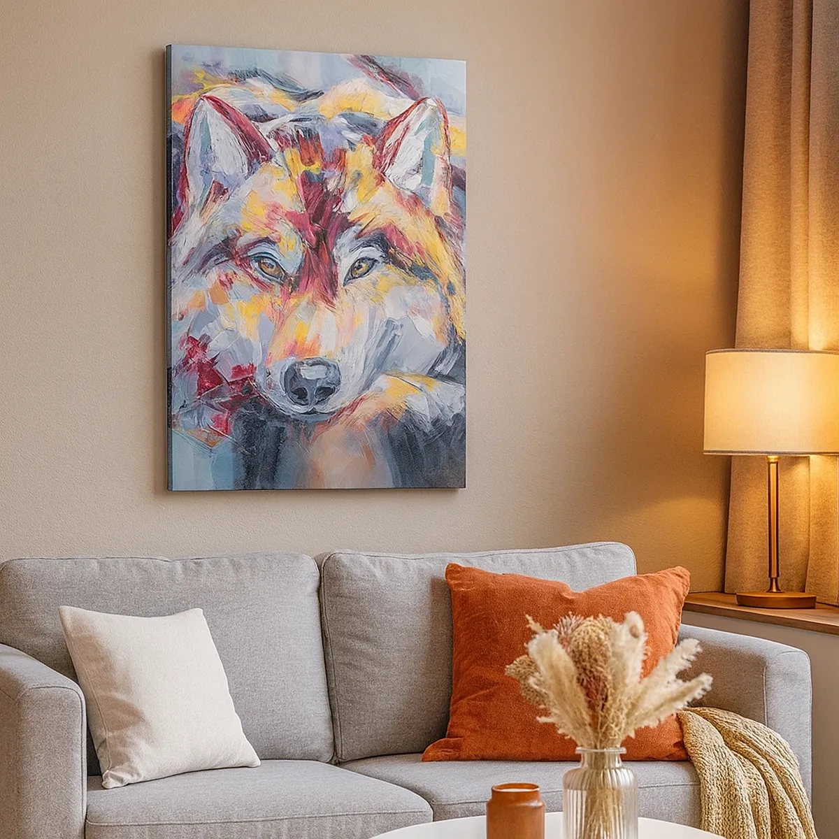 Impression sur toile - Image sur toile - Portrait artistique d'un loup aux couleurs intenses - 50x70cm - En paix au milieu des siens - Décoration murale moderne pour le salon et la chambre ARTTOR