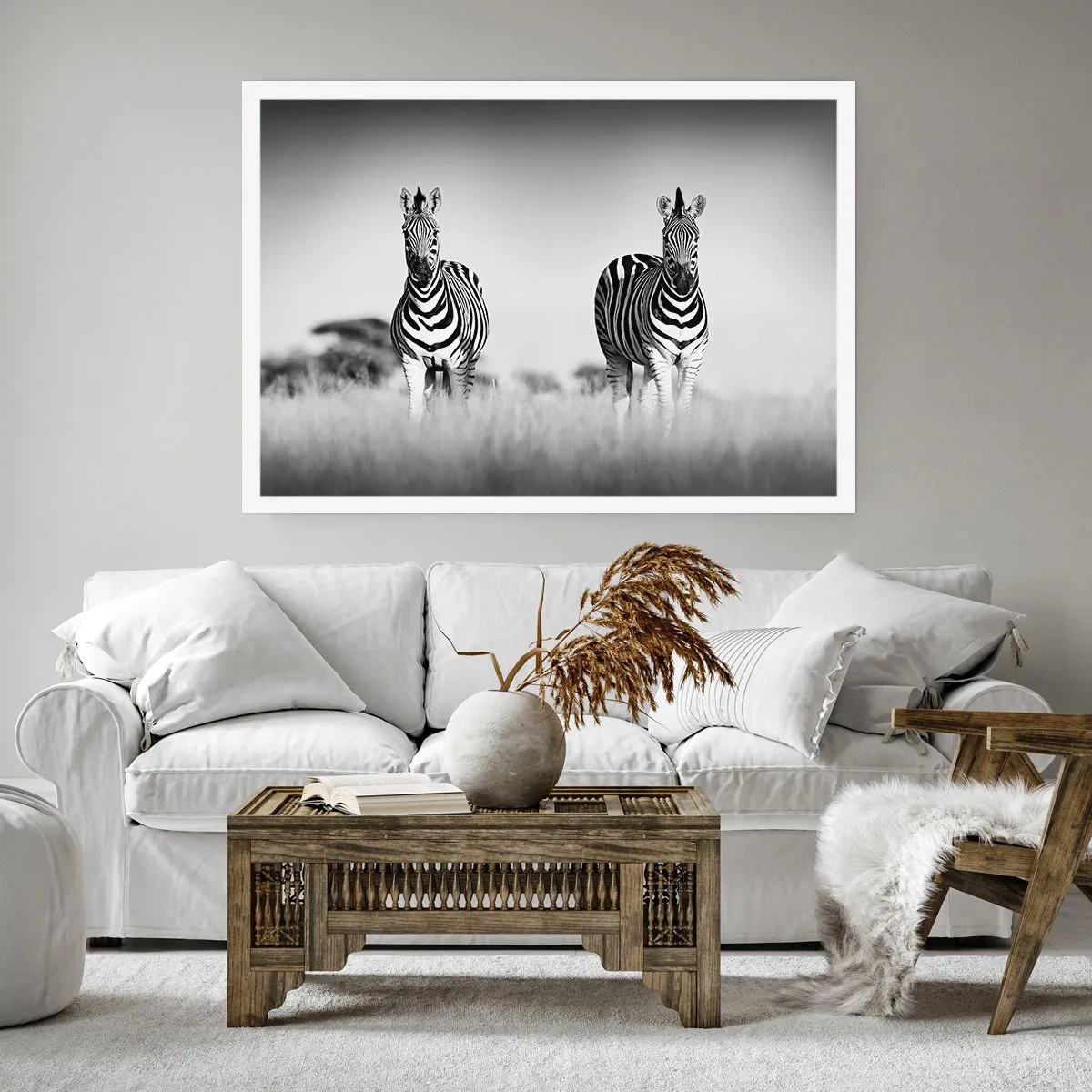Affiche - Poster - Deux zèbres dans la savane dans un style monochrome - 100x70cm - Le monde est bel et bien noir et blanc - Décoration murale moderne pour le salon et la chambre ARTTOR