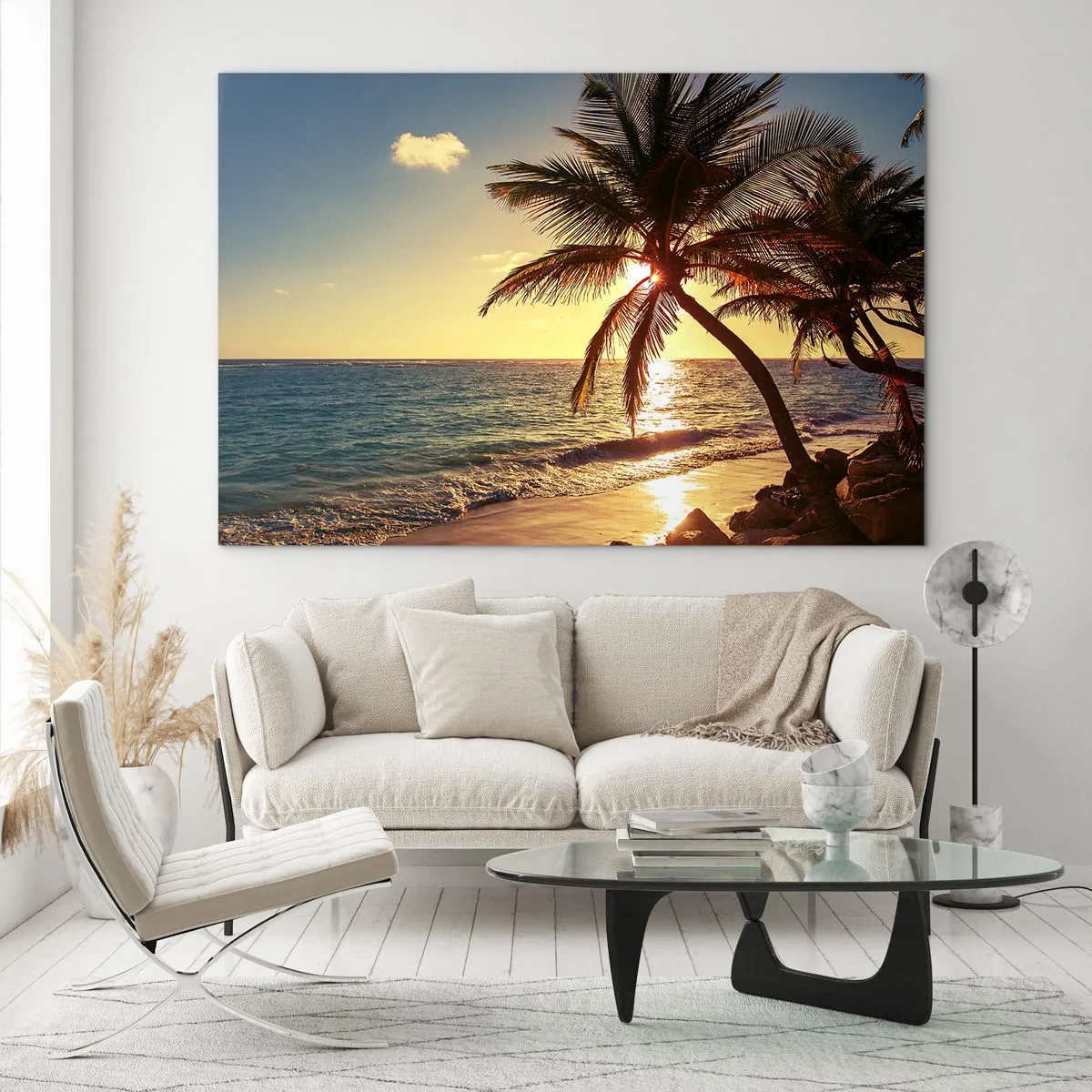 Impression sur verre - Image sur verre - Plage tropicale avec palmiers à la lumière du soleil couchant - 70x50cm - L'été sous les palmiers - Décoration murale moderne pour le salon et la chambre ARTTOR