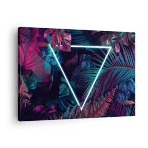 Impression sur toile - Image sur toile - Un triangle néon entouré de feuilles tropicales aux couleurs sombres. - 70x50cm - Jardin de style disco - Décoration murale moderne pour le salon et la chambre ARTTOR