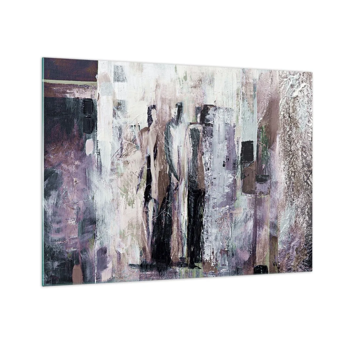 Impression sur verre - Image sur verre - Silhouettes abstraites de personnages sur un fond de peinture texturée - 70x50cm - Les trois mystérieux - Décoration murale moderne pour le salon et la chambre ARTTOR