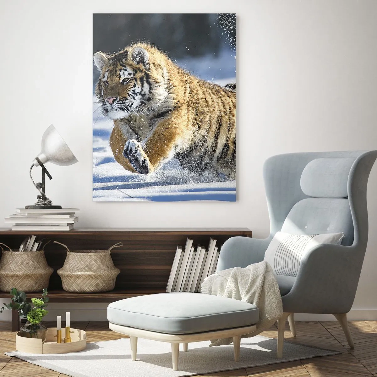 Impression sur verre - Image sur verre - Un tigre de Sibérie courant dans un paysage enneigé - 70x100cm - Dieu de la taïga sibérienne - Décoration murale moderne pour le salon et la chambre ARTTOR