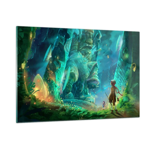 Impression sur verre - Image sur verre - Paysage fantastique avec une figure et une statue antique dans la forêt - 120x80cm - Du grand livre des contes de fées - Décoration murale moderne pour le salon et la chambre ARTTOR