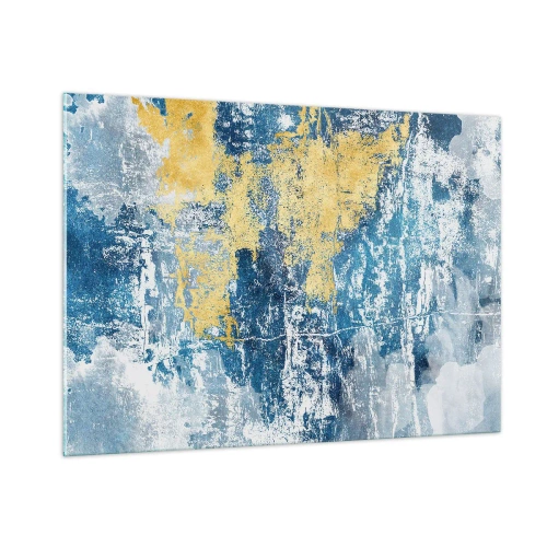 Impression sur verre - Image sur verre - Abstraction bleue et jaune avec un effet vieilli et texturé - 100x70cm - Abstraction du temps - Décoration murale moderne pour le salon et la chambre ARTTOR