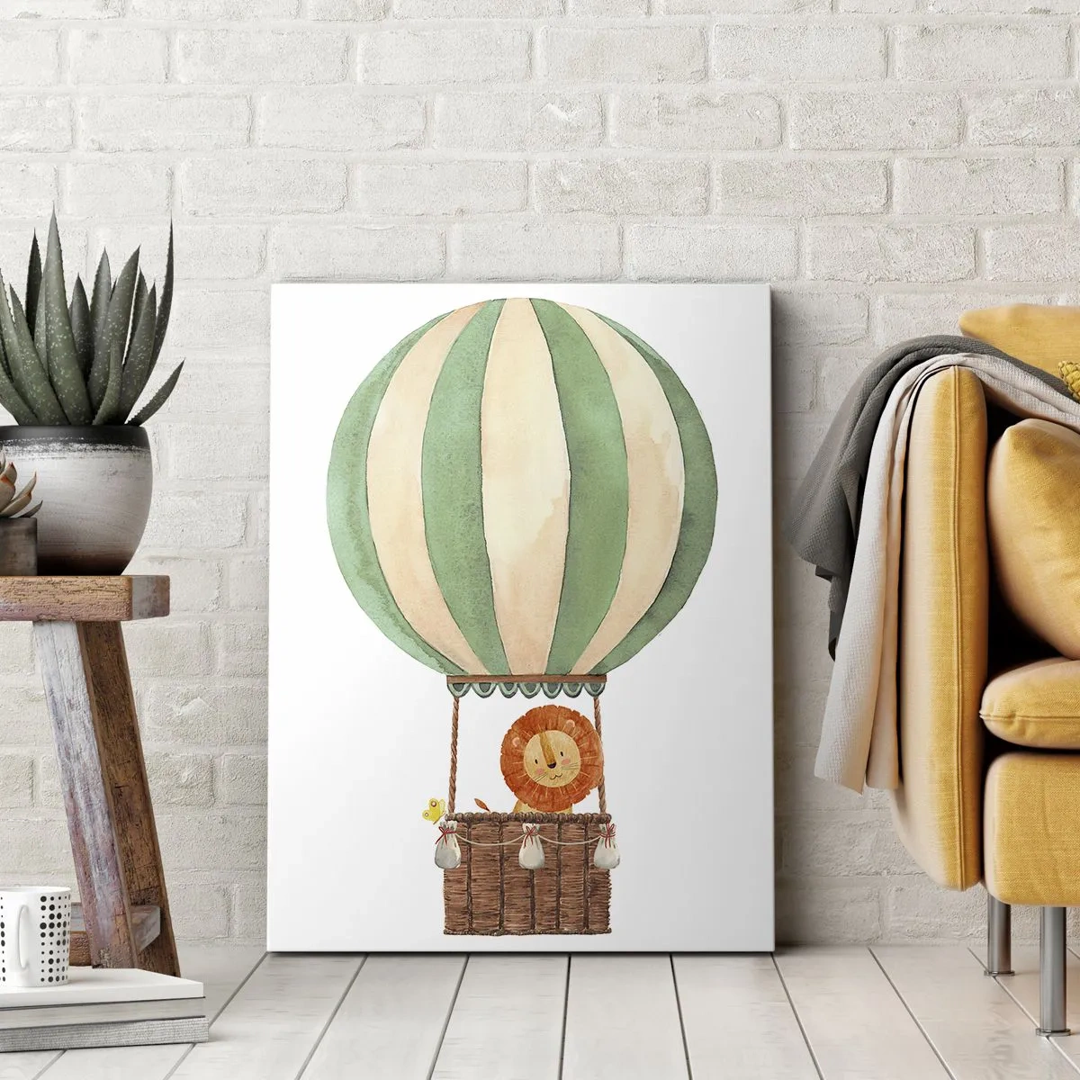 Impression sur toile - Image sur toile - Un ballon avec un lion souriant dans un panier aux couleurs pastel - 70x100cm - Les voyages de Léon - Décoration murale moderne pour le salon et la chambre ARTTOR