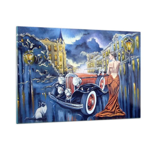Impression sur verre - Image sur verre - Une femme dans une robe élégante à côté d'une voiture classique - 120x80cm - Nocturne en bleu et corail - Décoration murale moderne pour le salon et la chambre ARTTOR