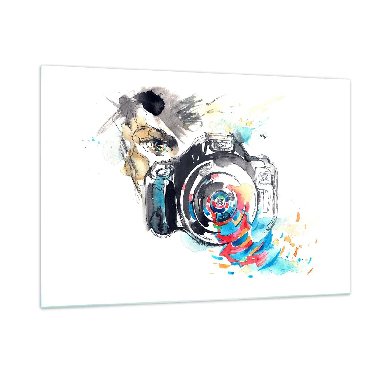 Impression sur verre - Image sur verre - Appareil photo avec des éléments colorés abstraits - 120x80cm - Dans l'oeil de l'objectif - Décoration murale moderne pour le salon et la chambre ARTTOR