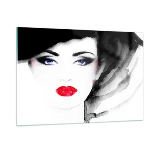 Impression sur verre - Image sur verre - Portrait d'une femme aux lèvres rouges expressives et au chapeau noir - 120x80cm - Elle repousse et attire - Décoration murale moderne pour le salon et la chambre ARTTOR