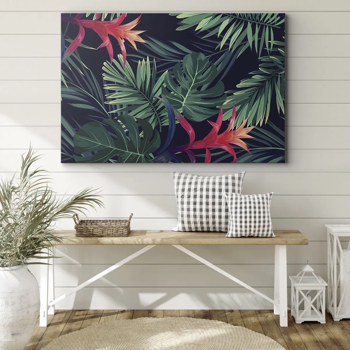 Impression sur toile - Image sur toile - Feuilles et fleurs tropicales sur fond sombre - 100x70cm - immergé dans la nature - Décoration murale moderne pour le salon et la chambre ARTTOR