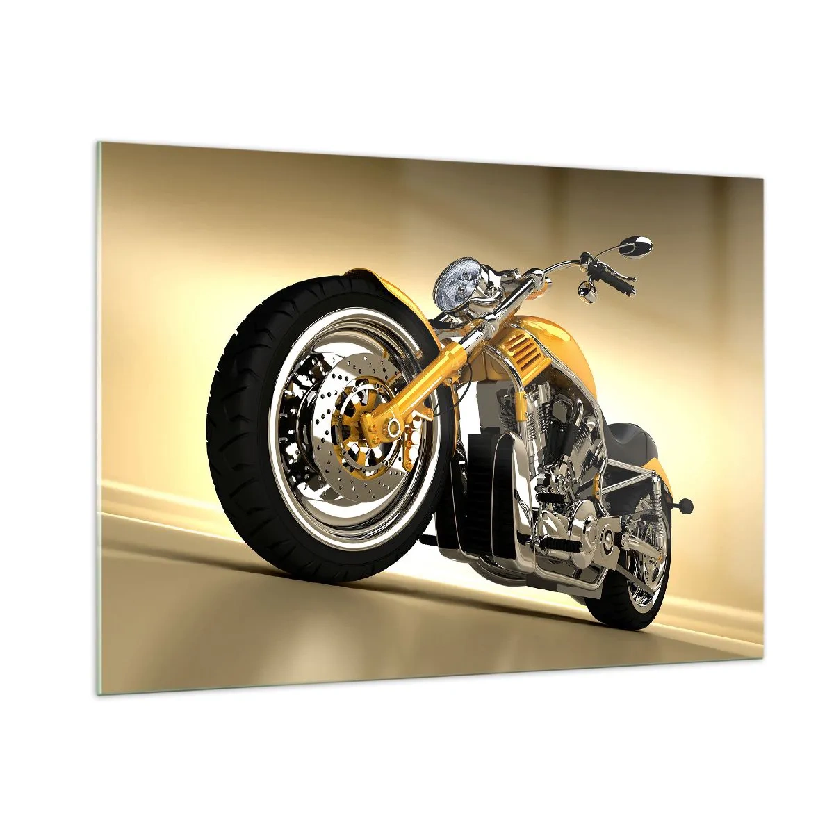 Impression sur verre - Image sur verre - Une moto customisée dorée sur fond clair - 100x70cm - Un rêve de force et de vitesse - Décoration murale moderne pour le salon et la chambre ARTTOR