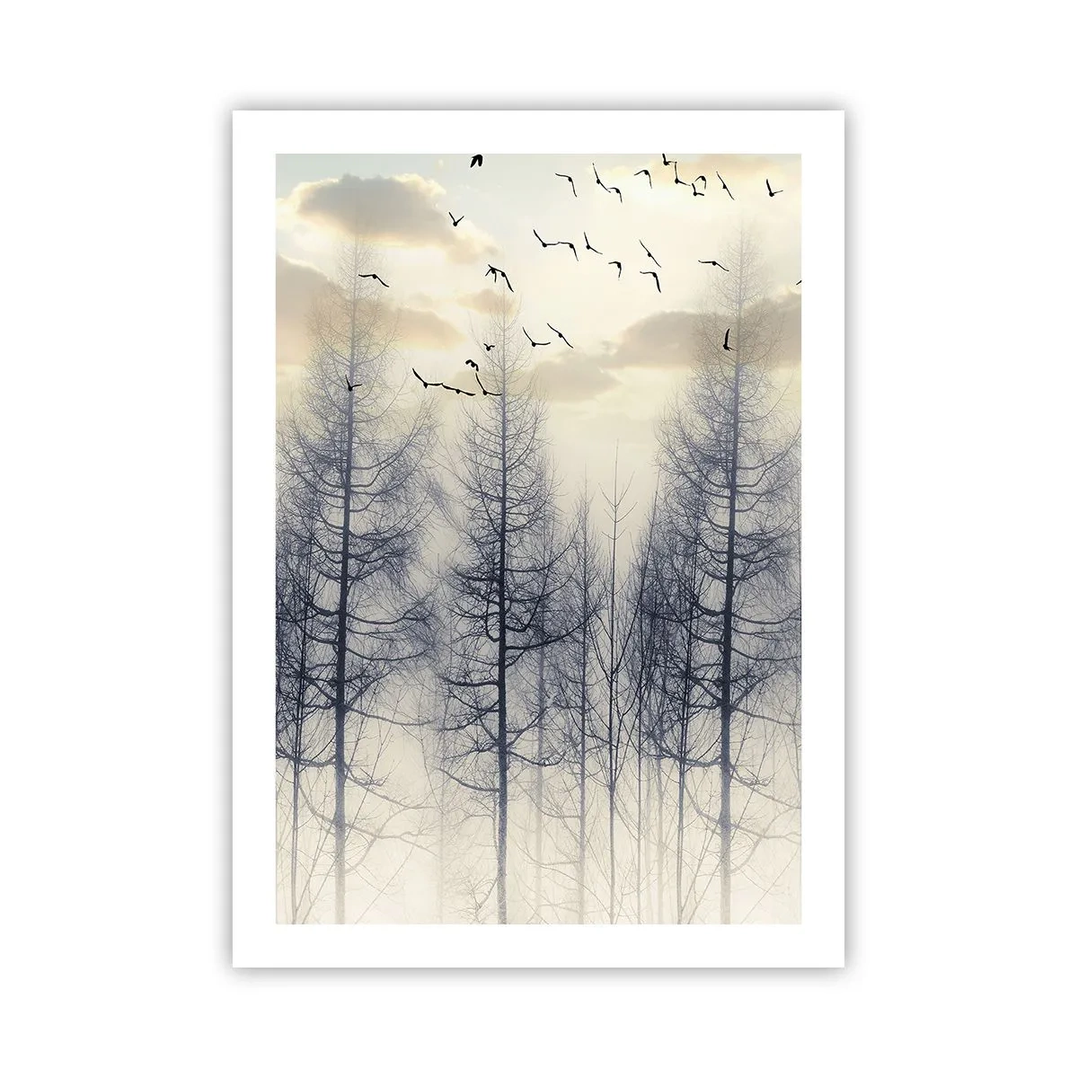 Affiche - Poster - Une forêt brumeuse avec de grands arbres et des oiseaux volants le matin - 50x70cm - L'âme de la forêt - Décoration murale moderne pour le salon et la chambre ARTTOR