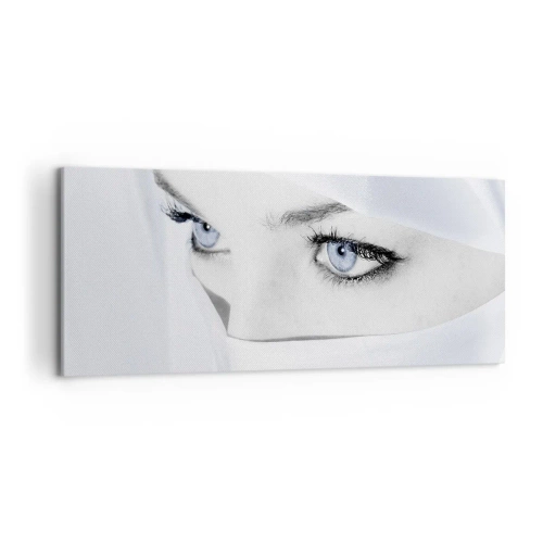 Impression sur toile - Image sur toile - Portrait d'une femme aux yeux bleus cachés derrière un voile blanc - 120x50cm - Directement des mille et une nuits - Décoration murale moderne pour le salon et la chambre ARTTOR