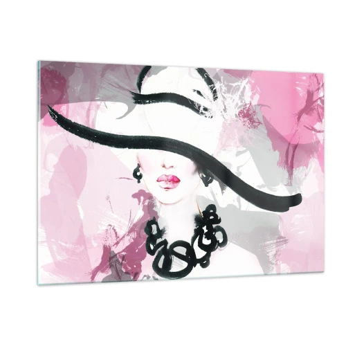 Impression sur verre - Image sur verre - Portrait d'une femme au chapeau noir sur fond rose - 120x80cm - Portrait d'une dame en noir et rose - Décoration murale moderne pour le salon et la chambre ARTTOR