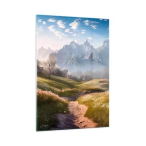 Impression sur verre - Image sur verre - Paysage printanier avec une vallée, des fleurs et des montagnes en arrière-plan le matin - 50x70cm - Vallée idyllique - Décoration murale moderne pour le salon et la chambre ARTTOR