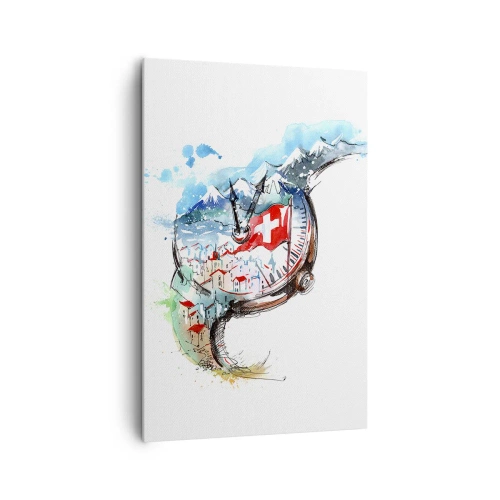 Impression sur toile - Image sur toile - Un paysage aquarelle de la Suisse dans un design d'horlogerie - 80x120cm - L'esprit de la Suisse - Décoration murale moderne pour le salon et la chambre ARTTOR