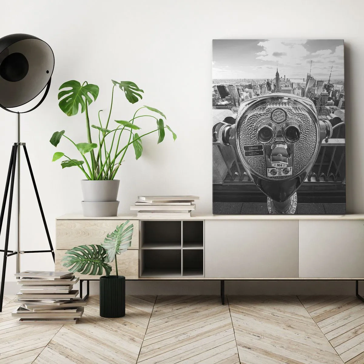 Impression sur toile - Image sur toile - Vue monochrome à travers le télescope du panorama de la ville - 70x100cm - Ville sur les villes - Décoration murale moderne pour le salon et la chambre ARTTOR