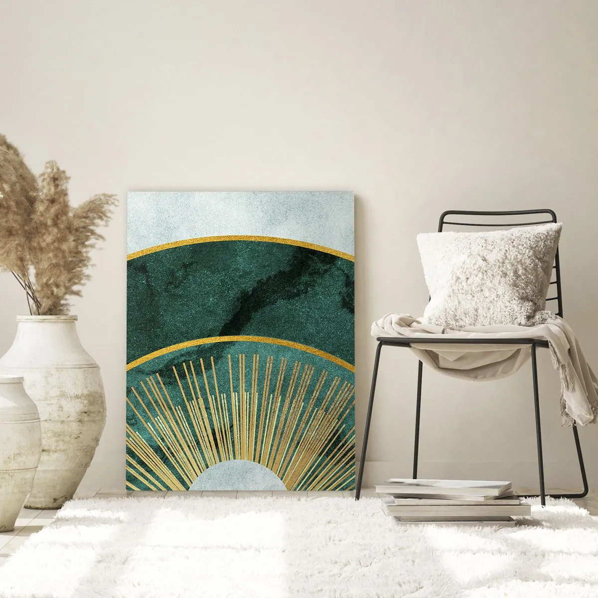 Impression sur verre - Image sur verre - Motif abstrait avec des cercles aux couleurs émeraude et or. - 80x120cm - Un autre système solaire - Décoration murale moderne pour le salon et la chambre ARTTOR