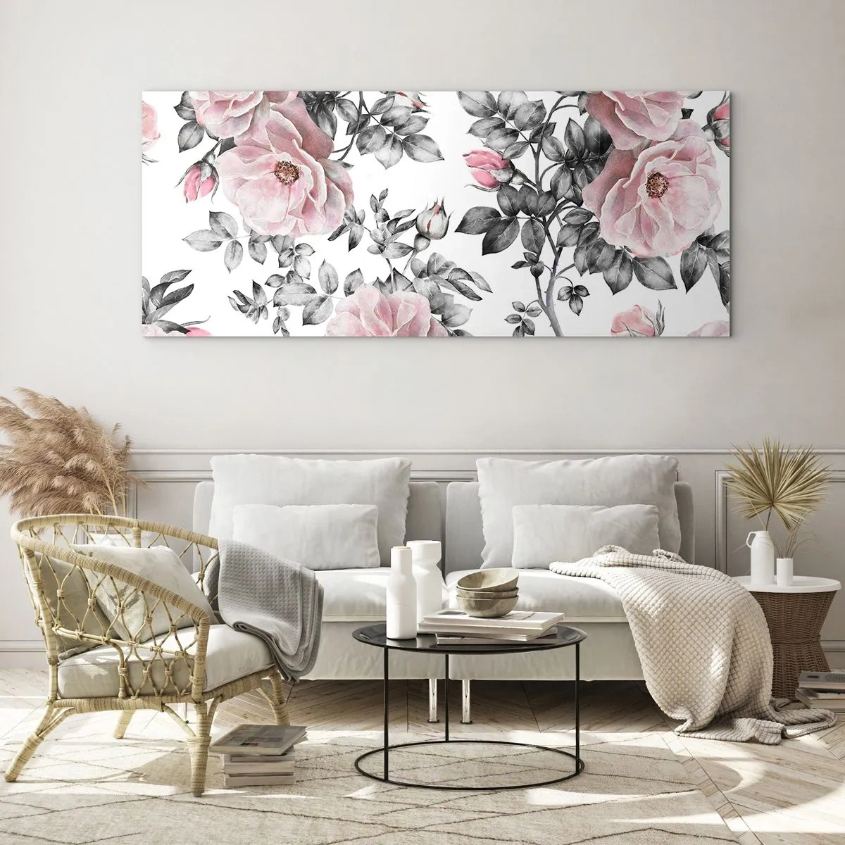 Impression sur verre - Image sur verre - Roses roses et feuilles sur un délicat fond noir et blanc - 140x50cm - Se perdre dans les fleurs des roses - Décoration murale moderne pour le salon et la chambre ARTTOR