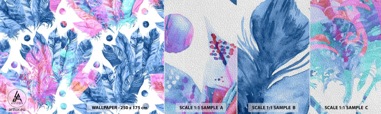 Échantillon de Papier Peint Premium Sand - Plumes en rose et bleu - Plume d'oiseau, Illustration colorée, Graphique - 100x30 cm